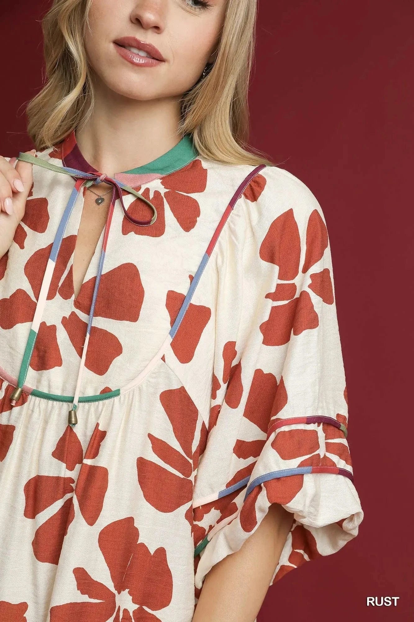 Umgee Two Tone Floral Tie-Neck Babydoll Dress - Fashorio