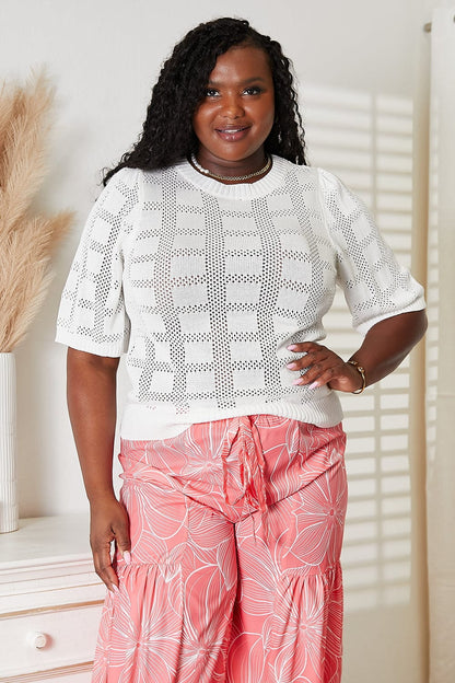 Mandy Ribbed Trim Round Neck Knit Top White - Fashorio