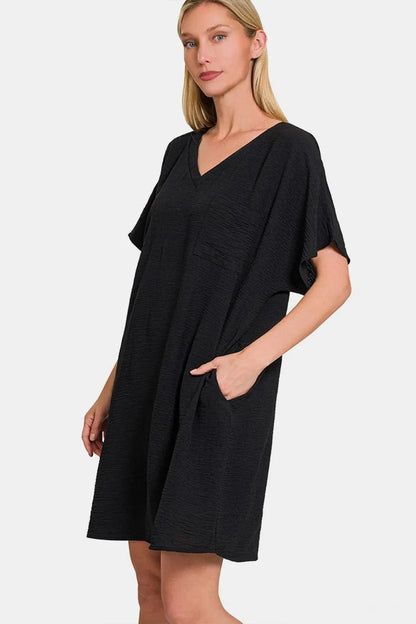 Zenana V-Neck Tee Dress with Pockets - Fashorio