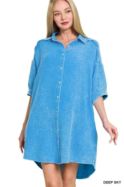 Zenana Washed Double Gauze Button Down Shirt Dress - Fashorio