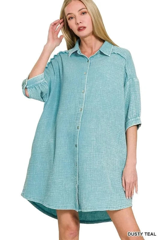 Zenana Washed Double Gauze Button Down Shirt Dress - Fashorio