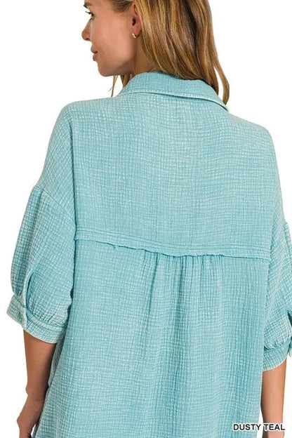 Zenana Washed Double Gauze Button Down Shirt Dress - Fashorio