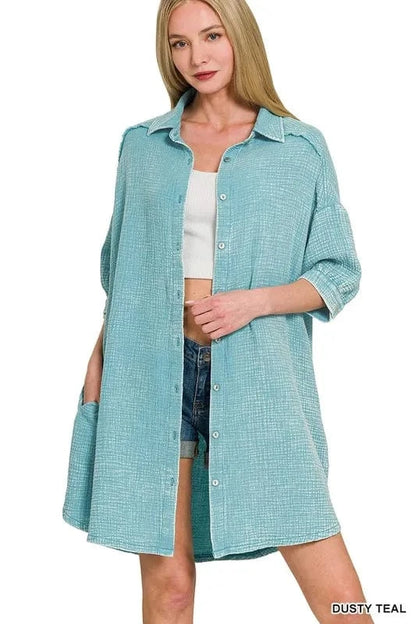 Zenana Washed Double Gauze Button Down Shirt Dress - Fashorio