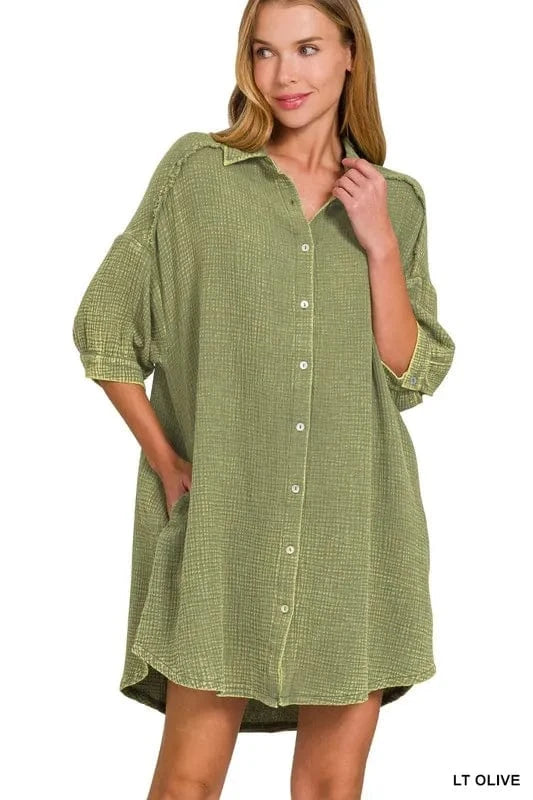 Zenana Washed Double Gauze Button Down Shirt Dress - Fashorio