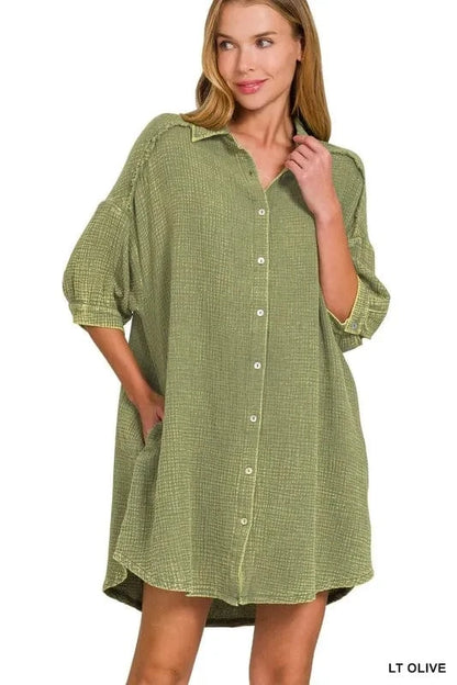 Zenana Washed Double Gauze Button Down Shirt Dress - Fashorio