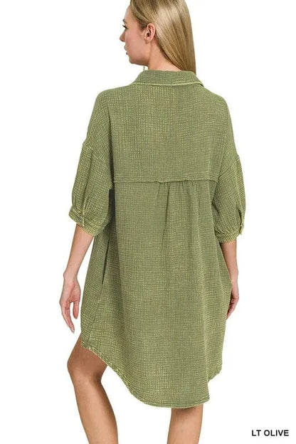 Zenana Washed Double Gauze Button Down Shirt Dress - Fashorio
