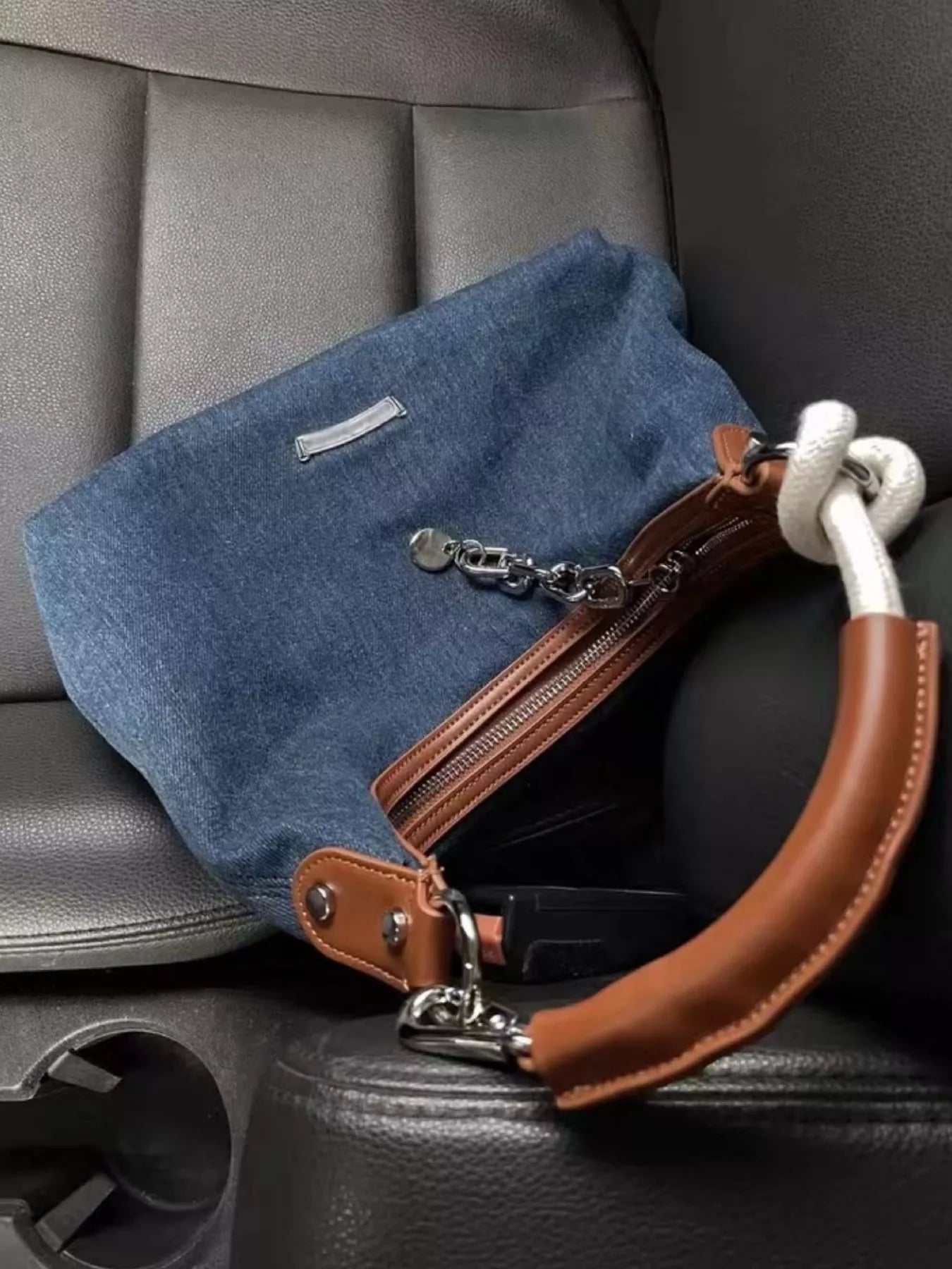 Fashorio Dusty Blue / One Size Denim Shoulder Bag with Leather Handle