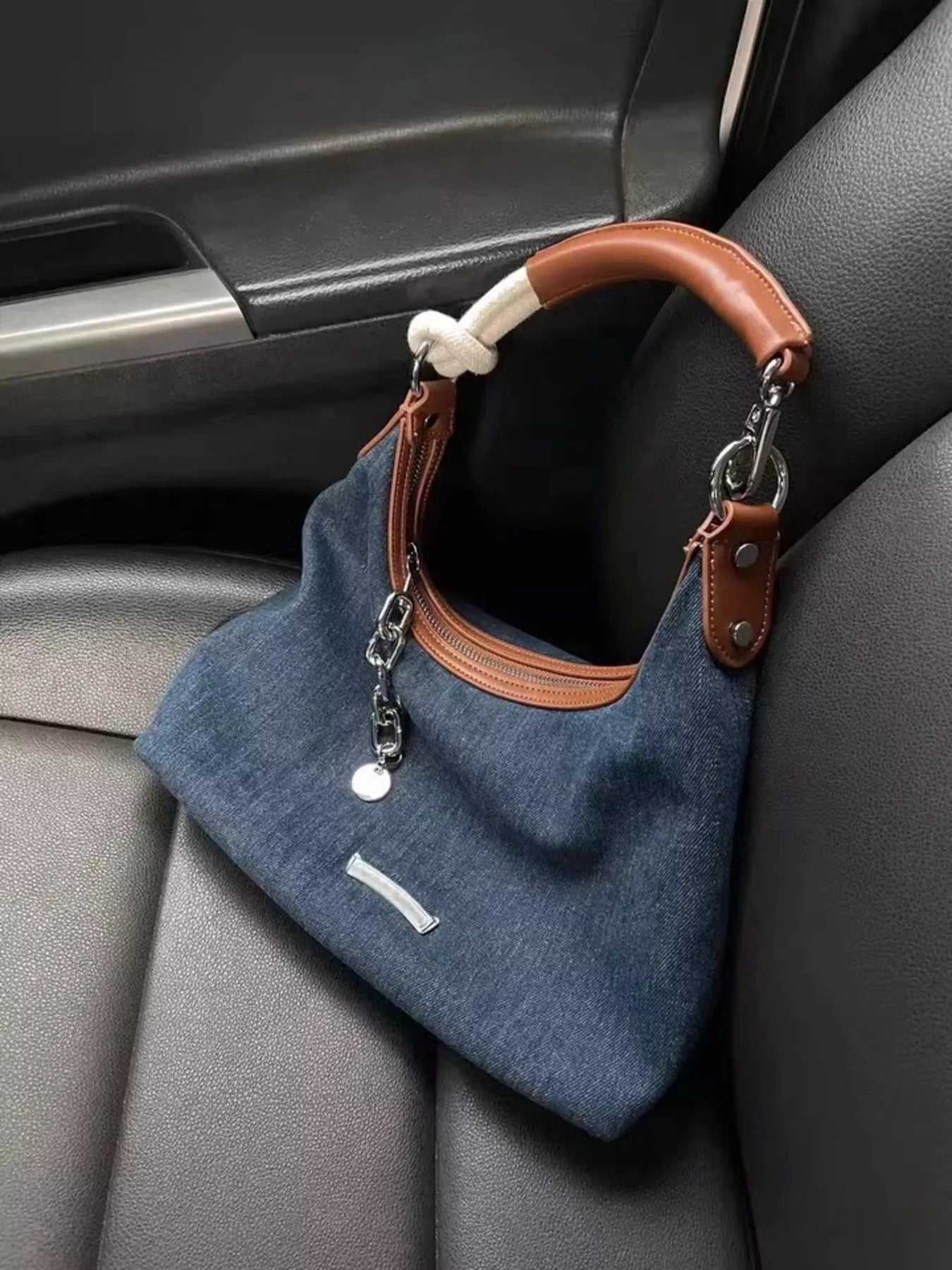 Fashorio Dusty Blue / One Size Denim Shoulder Bag with Leather Handle