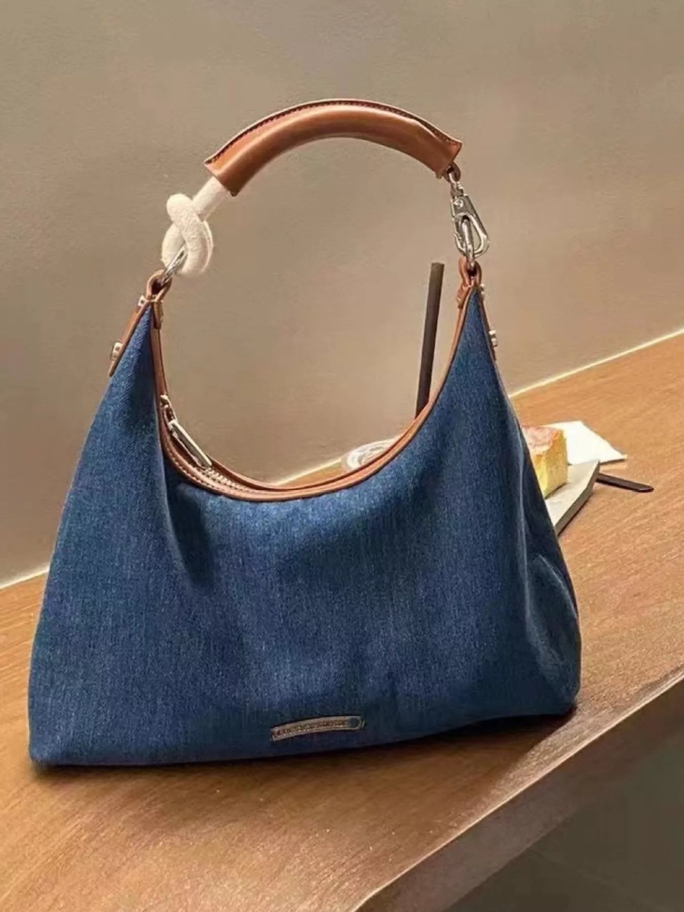 Fashorio Dusty Blue / One Size Denim Shoulder Bag with Leather Handle