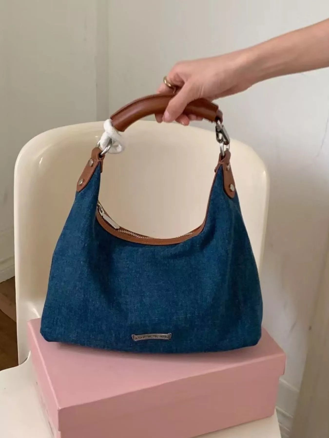 Fashorio Dusty Blue / One Size Denim Shoulder Bag with Leather Handle