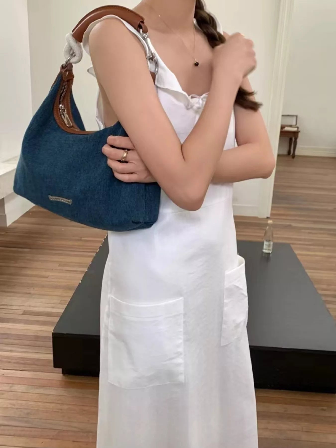 Fashorio Dusty Blue / One Size Denim Shoulder Bag with Leather Handle