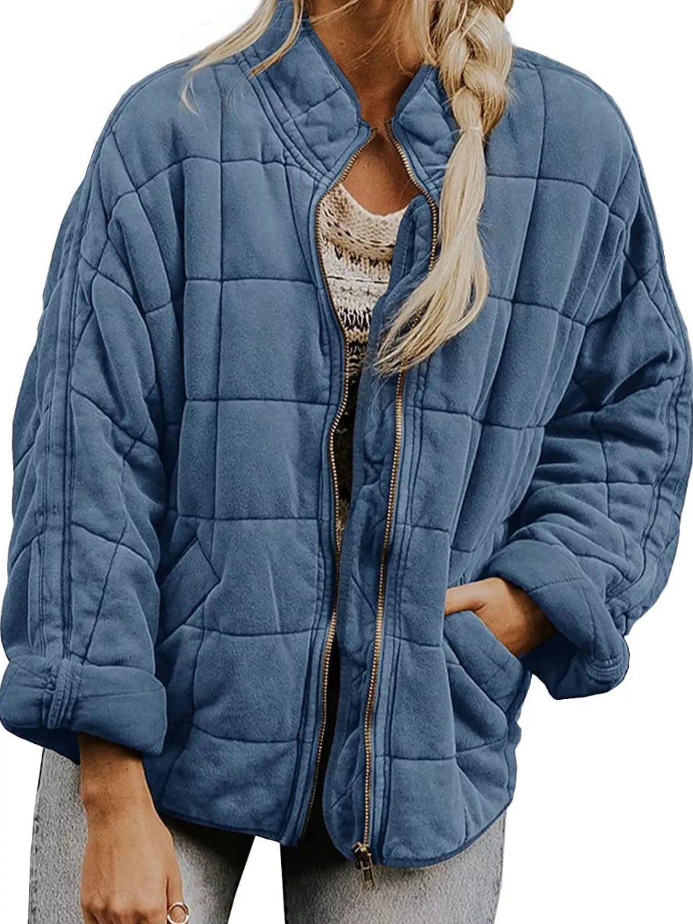 Fashorio Dusty Blue / S Full Size Zip Up Quilted Bomber Jacket Plus Size