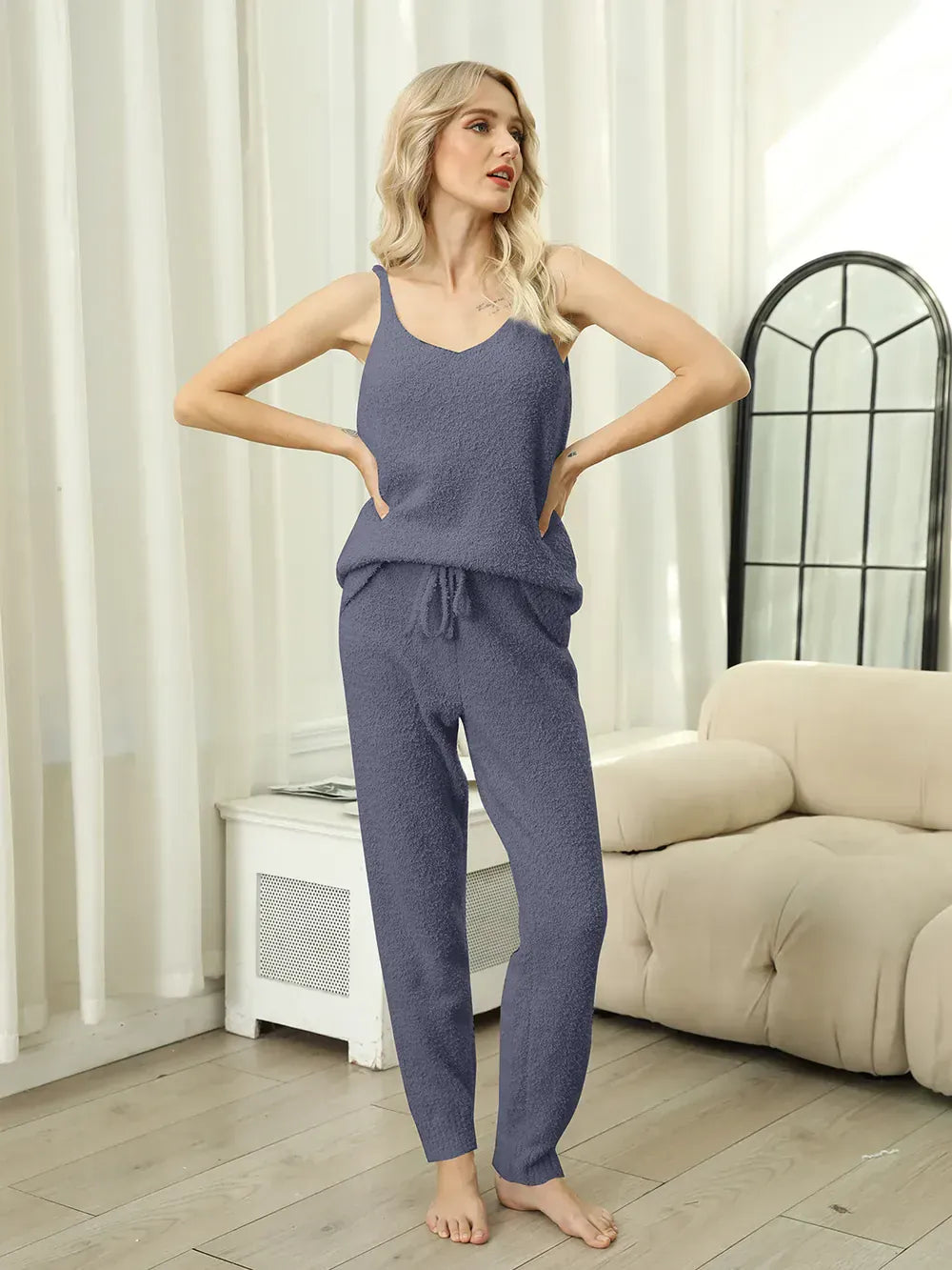 Fashorio Dusty Blue / S Fuzzy V-Neck Cami and Pants Lounge Set