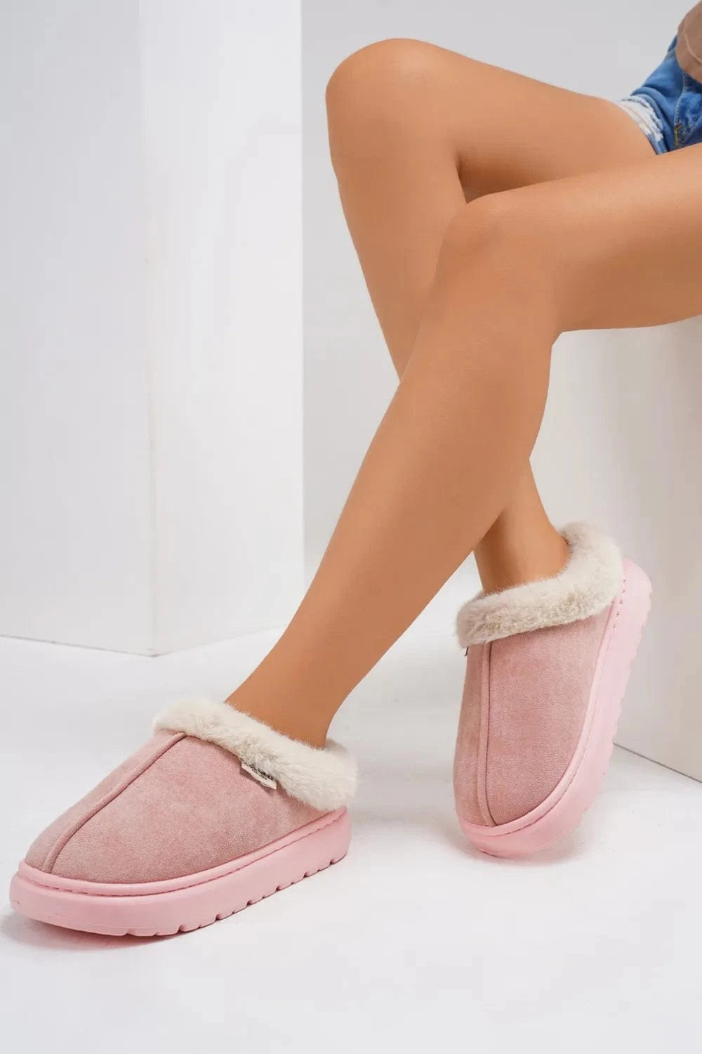 Furry Round Toe Platform Slippers Dusty Pink - Fashorio