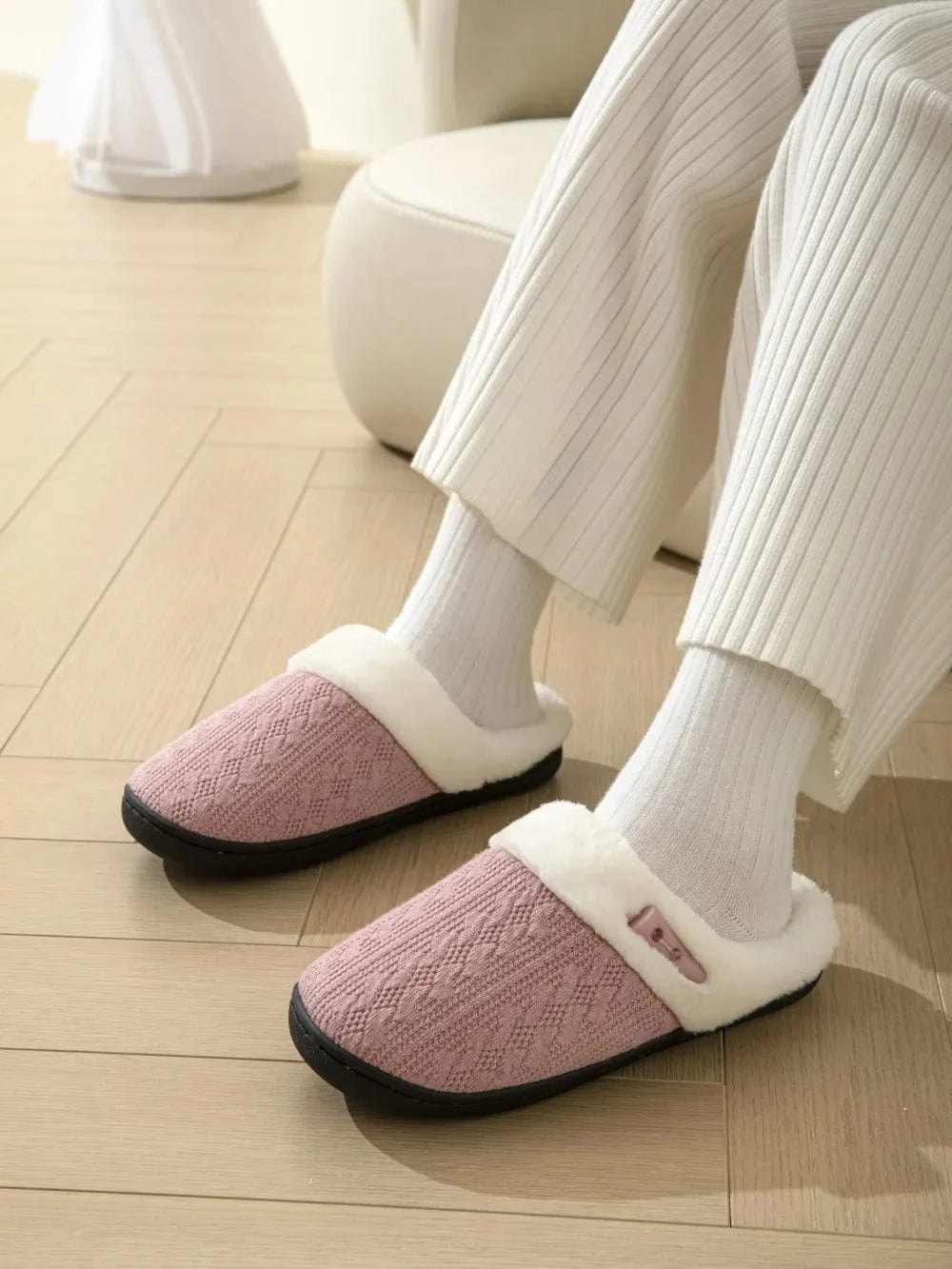Horn Buckle Furry Texture Flat Slippers Dusty Pink - Fashorio