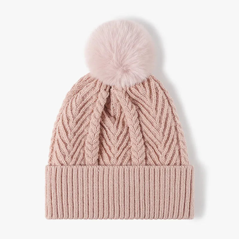 Fashorio Dusty Pink / One Size Cable Knit Solid Color Hat with Pompom