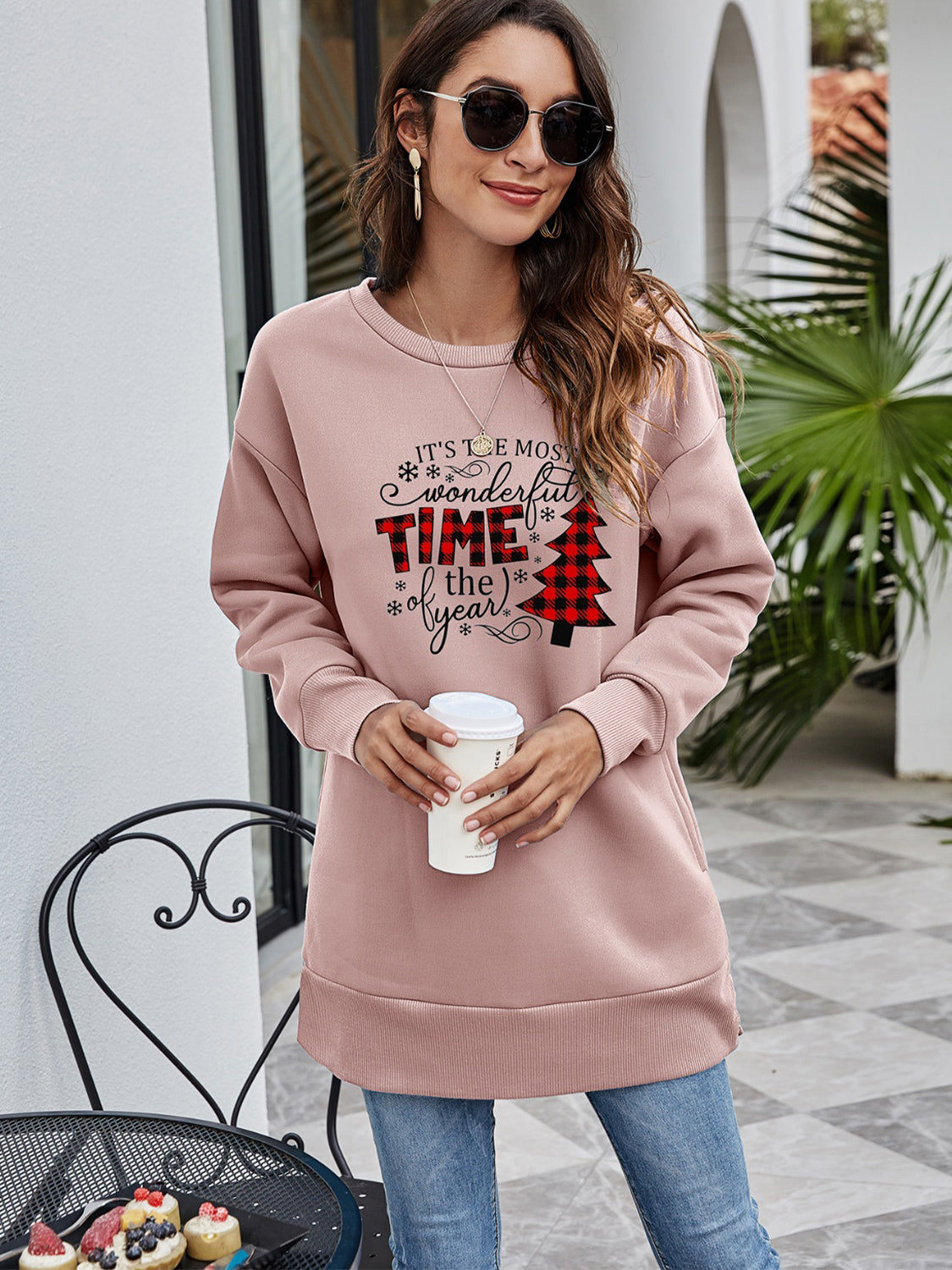 Fashorio Dusty Pink / S Christmas Tree Graphic Drop Shoulder Sweatshirt