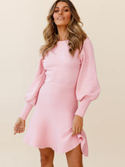 Fashorio Dusty Pink / S Round Neck Lantern Sleeve Sweater Dress – Cozy & Modern Fit