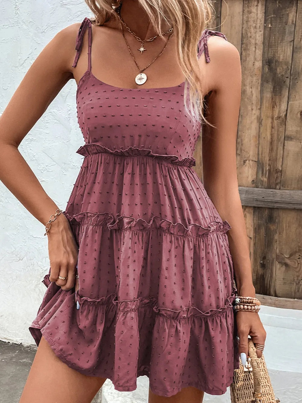 Fashorio Dusty Pink / S Shiny Tiered Spaghetti Strap Dress with Frill – Elegant Mini Look