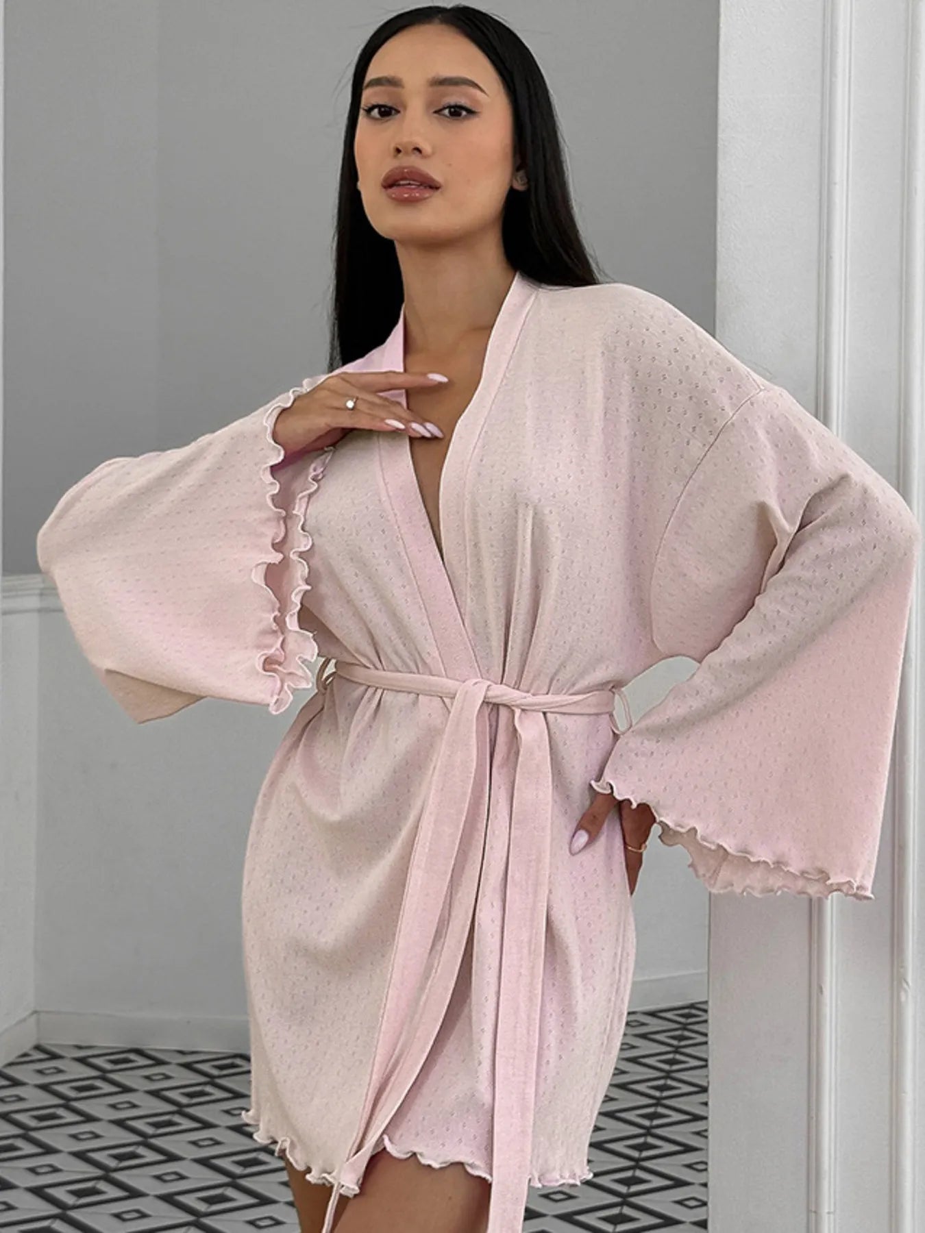 Fashorio Dusty Pink / S Tie Waist Kimono Sleeve Lounge Nightgown