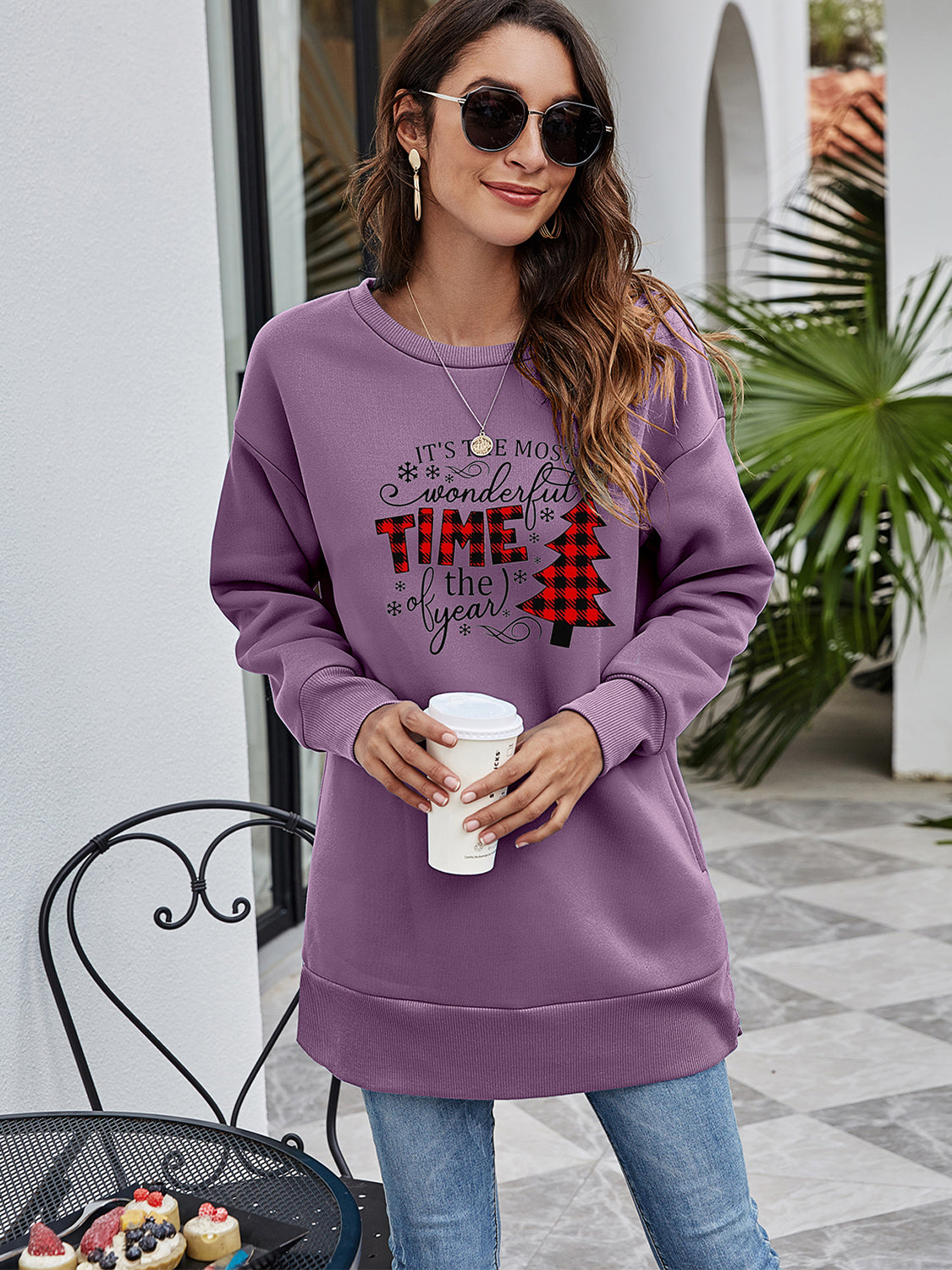 Fashorio Dusty Purple / S Christmas Tree Graphic Drop Shoulder Sweatshirt