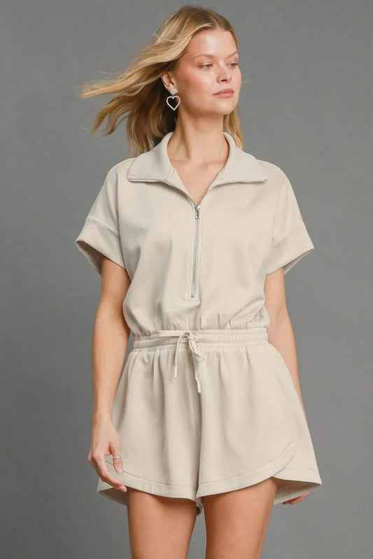 Umgee Full Size Half Sleeve Dolman Sleeved Romper Plus Size ECRU - Fashorio