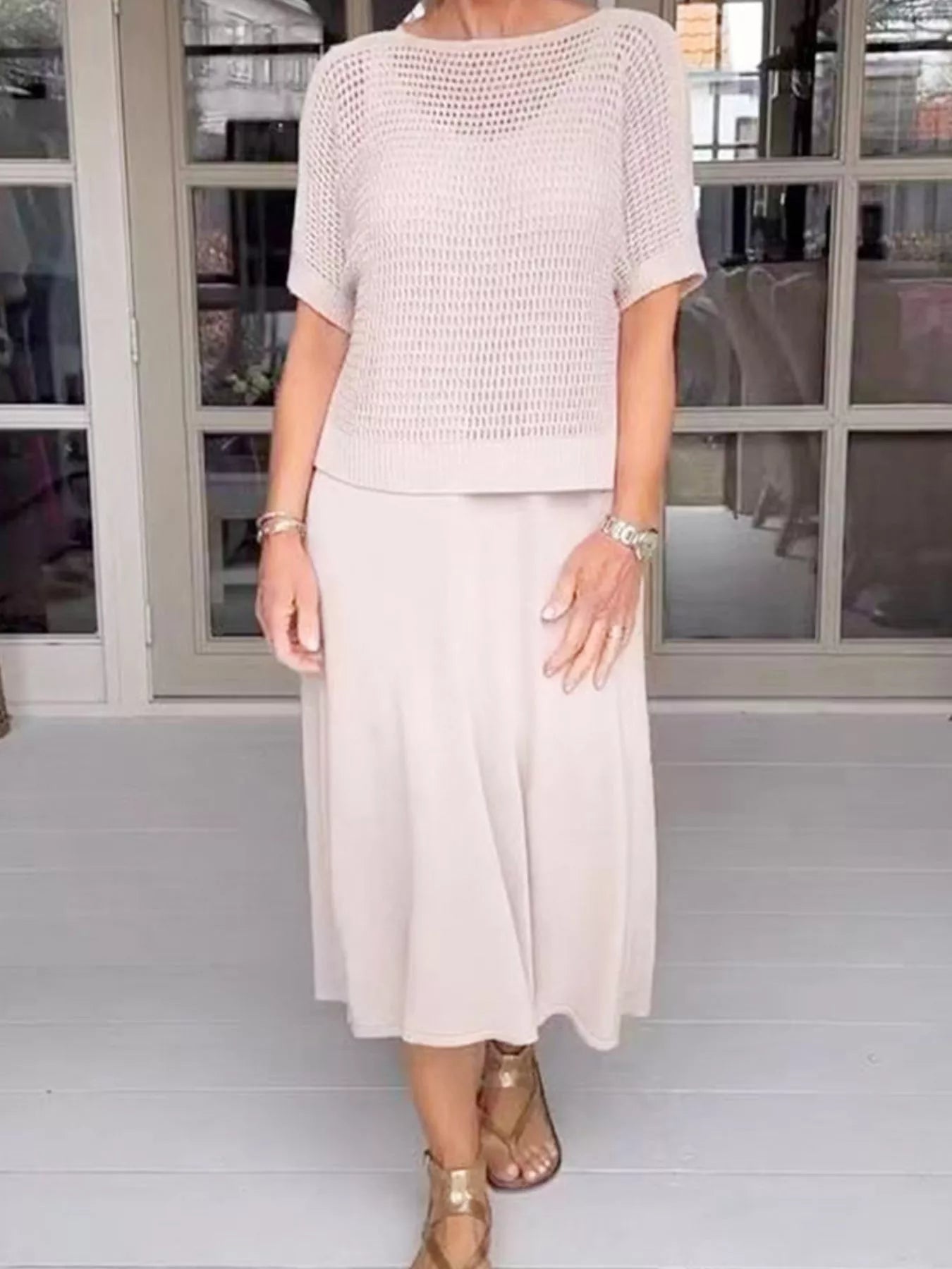 Fashorio Eggshell / S Full Size Openwork Knit Cover Up and Dress Set Plus Size