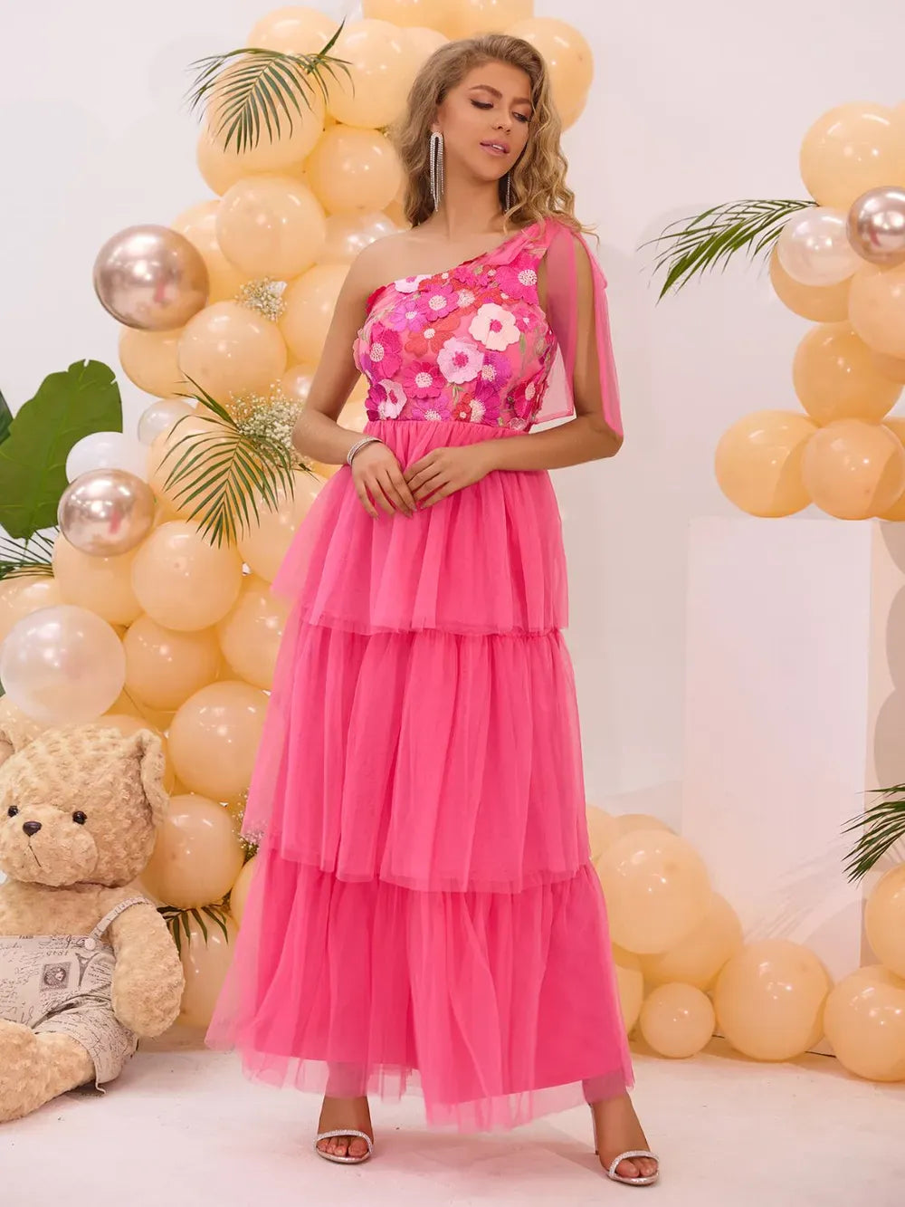 Fashorio Embroidered Layered Single Shoulder Midi Dress