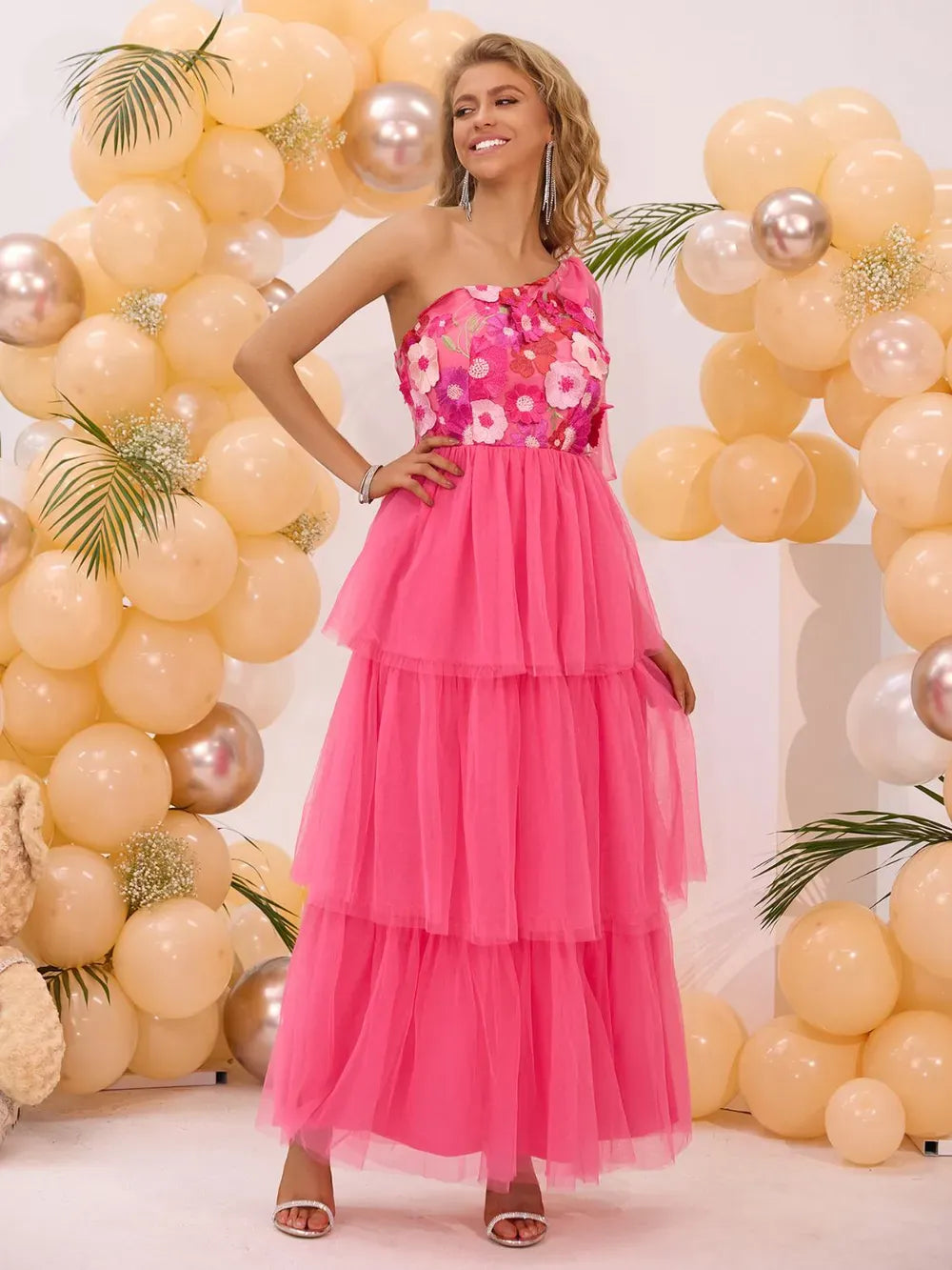 Fashorio Embroidered Layered Single Shoulder Midi Dress