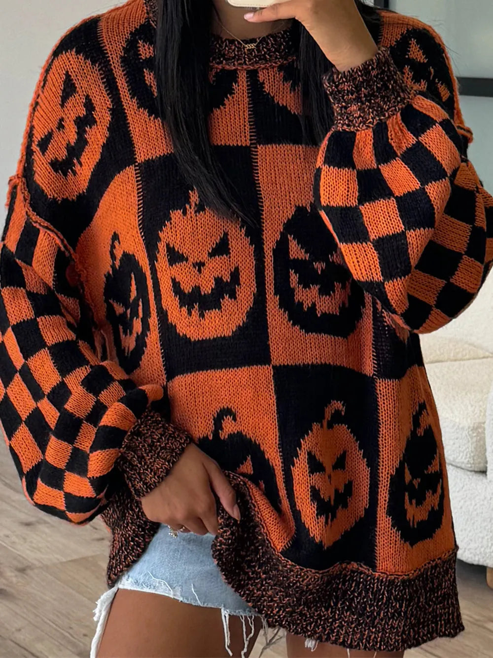 Fashorio Exposed Seam Pumpkin Round Neck Long Sleeve Sweater