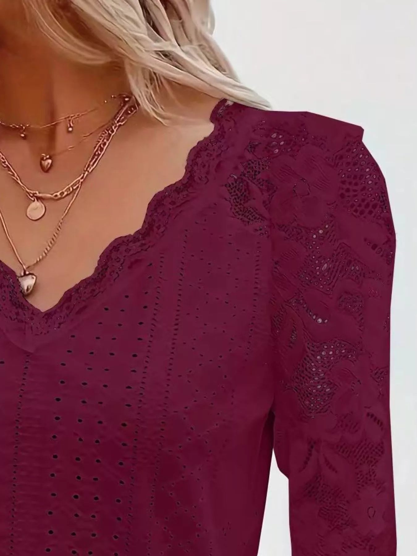 Fashorio Eyelet Lace Sleeve V-Neck Blouse