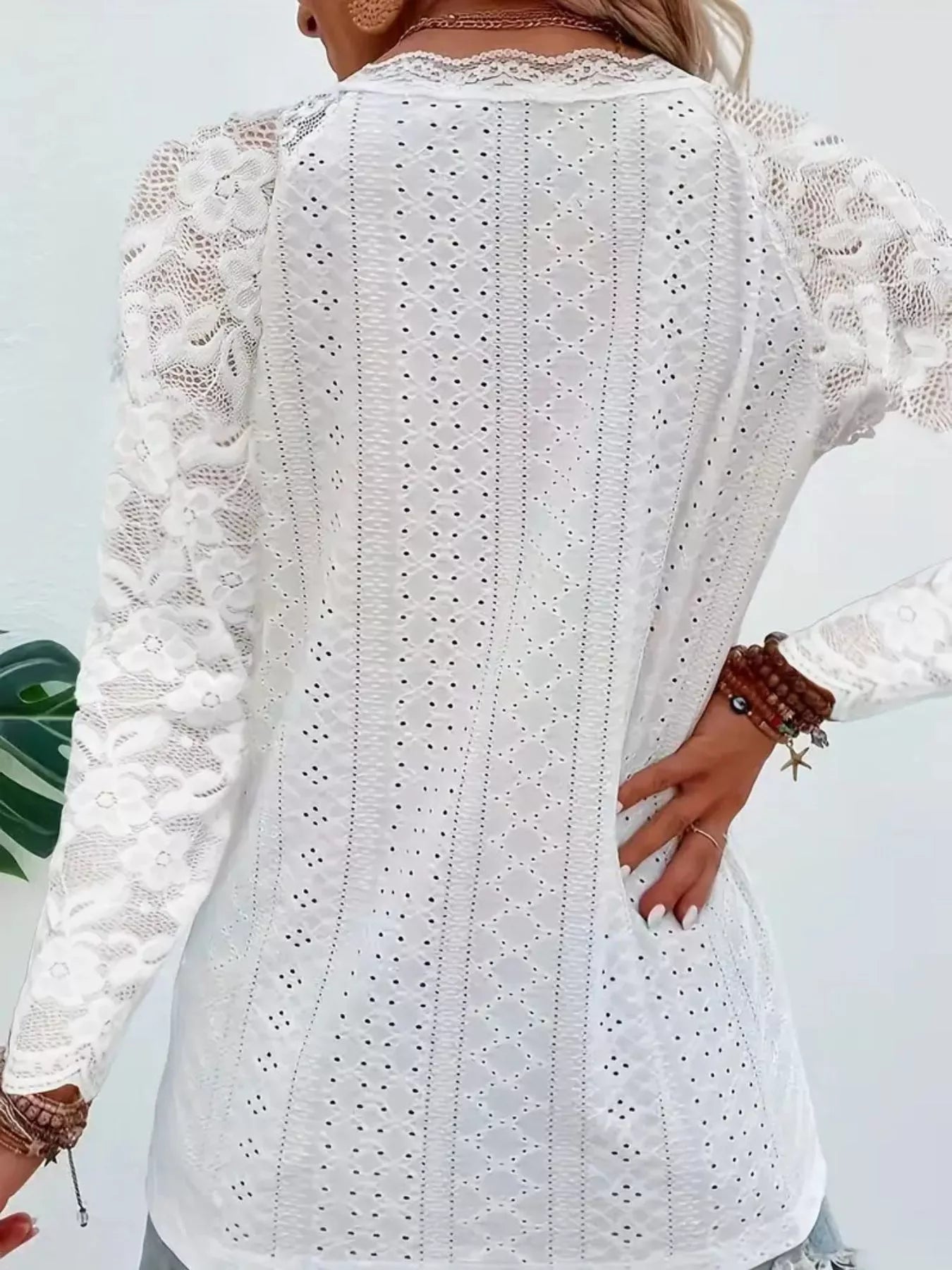 Fashorio Eyelet Lace Sleeve V-Neck Blouse