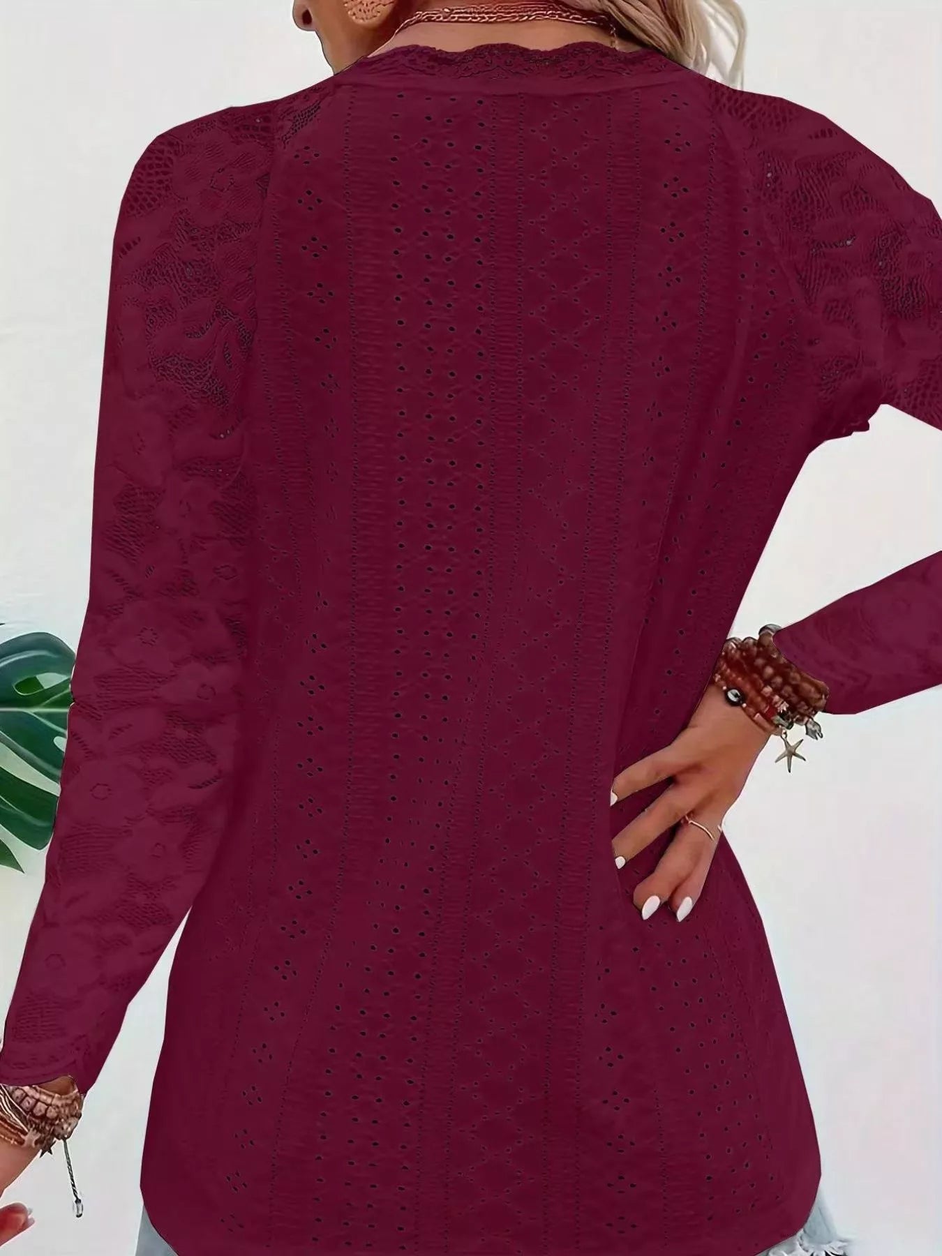Fashorio Eyelet Lace Sleeve V-Neck Blouse