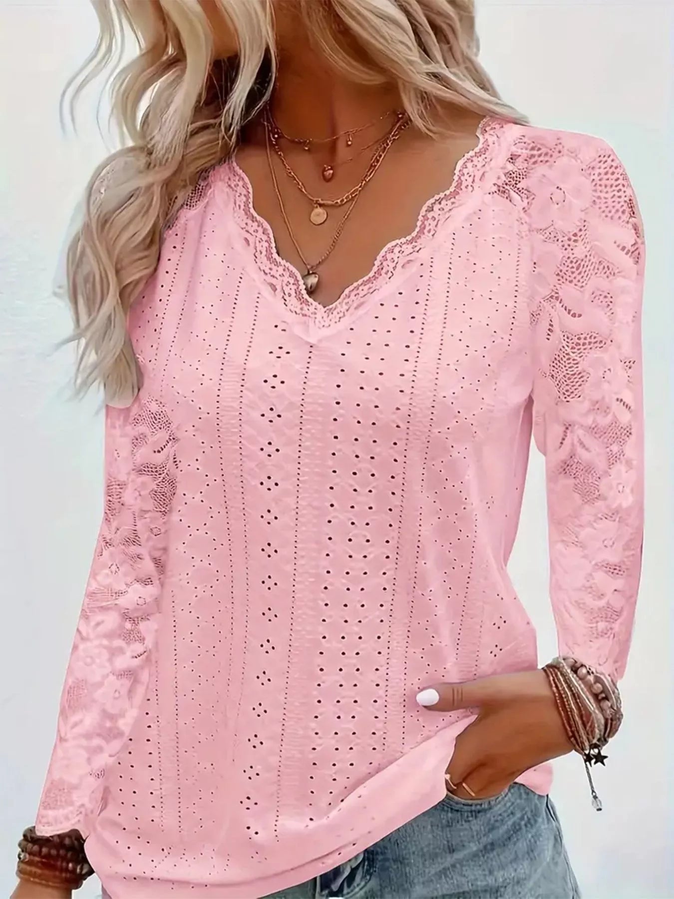Fashorio Eyelet Lace Sleeve V-Neck Blouse