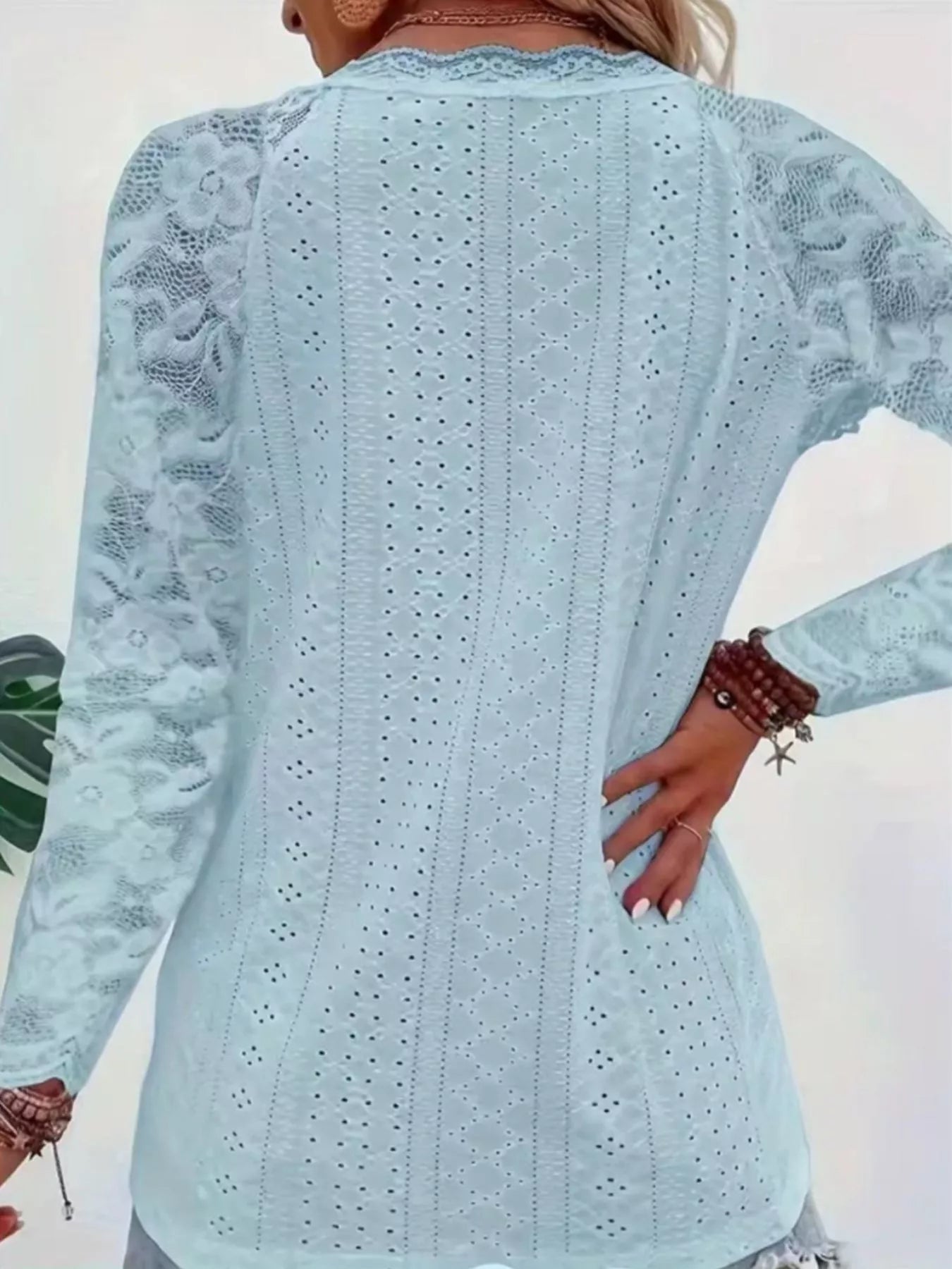 Fashorio Eyelet Lace Sleeve V-Neck Blouse
