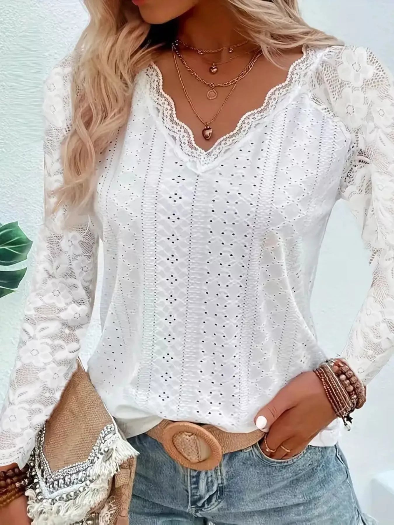 Fashorio Eyelet Lace Sleeve V-Neck Blouse