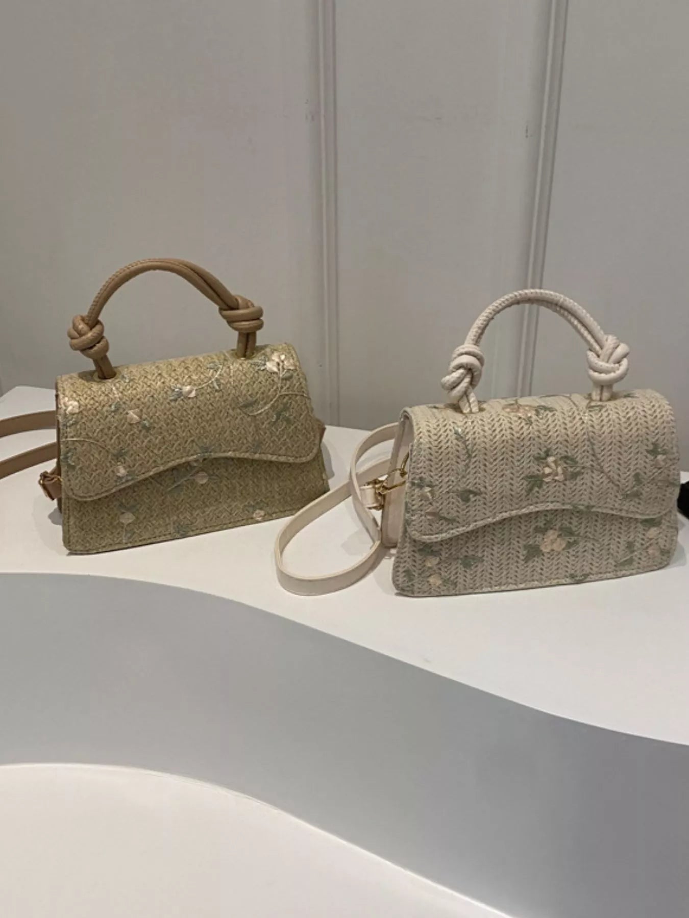 Fashorio Floral Embroidered Straw Woven Crossbody Bag