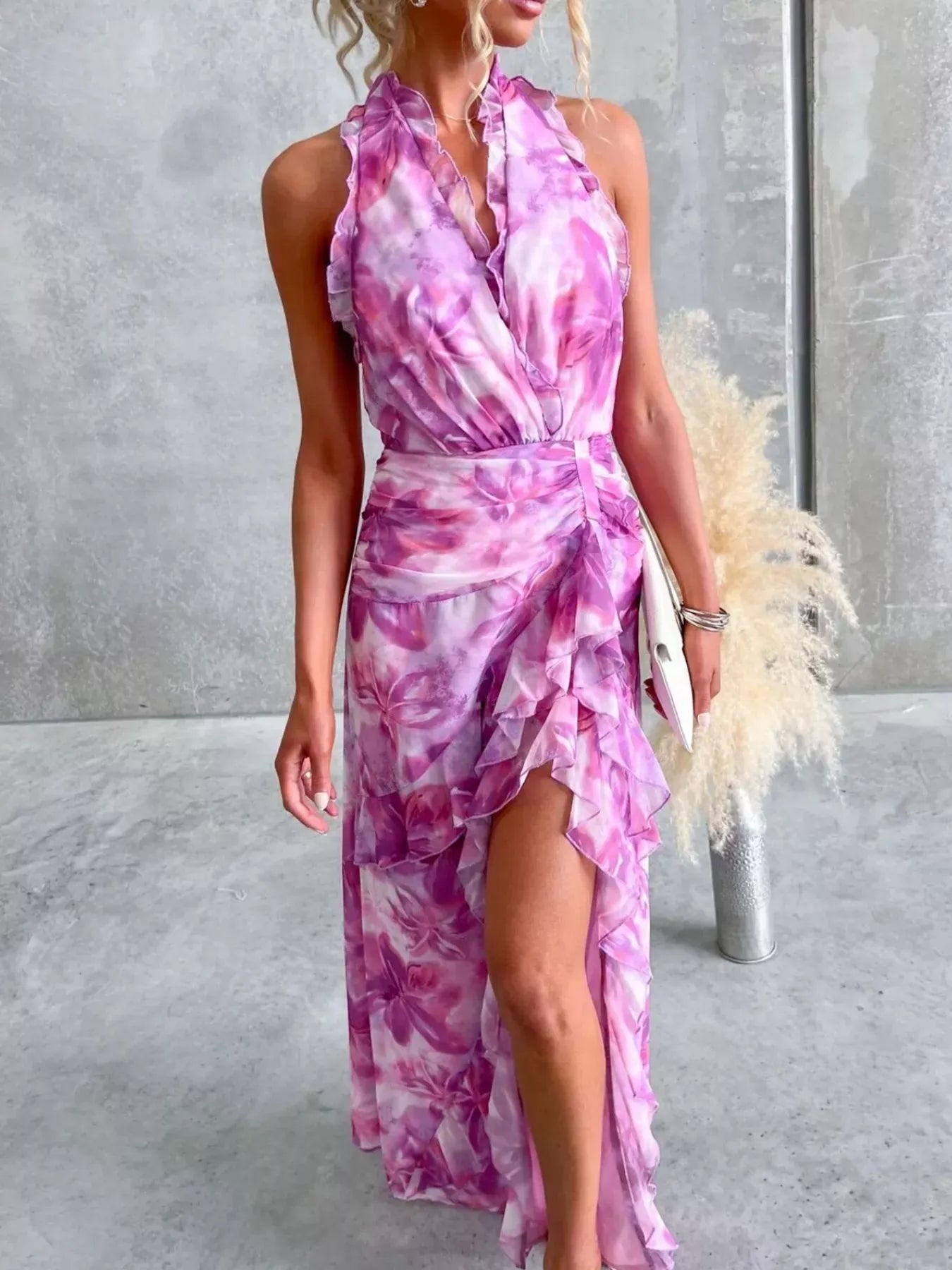 Fashorio Floral Print Ruffle Halter Neck Maxi Dress
