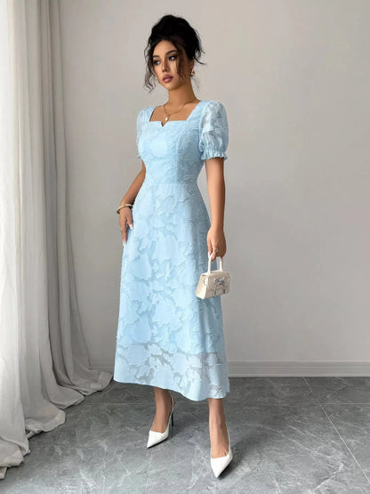 Floral Puff Sleeve Square Neck Midi Dress - Fashorio