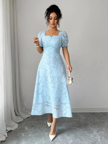 Floral Puff Sleeve Square Neck Midi Dress - Fashorio