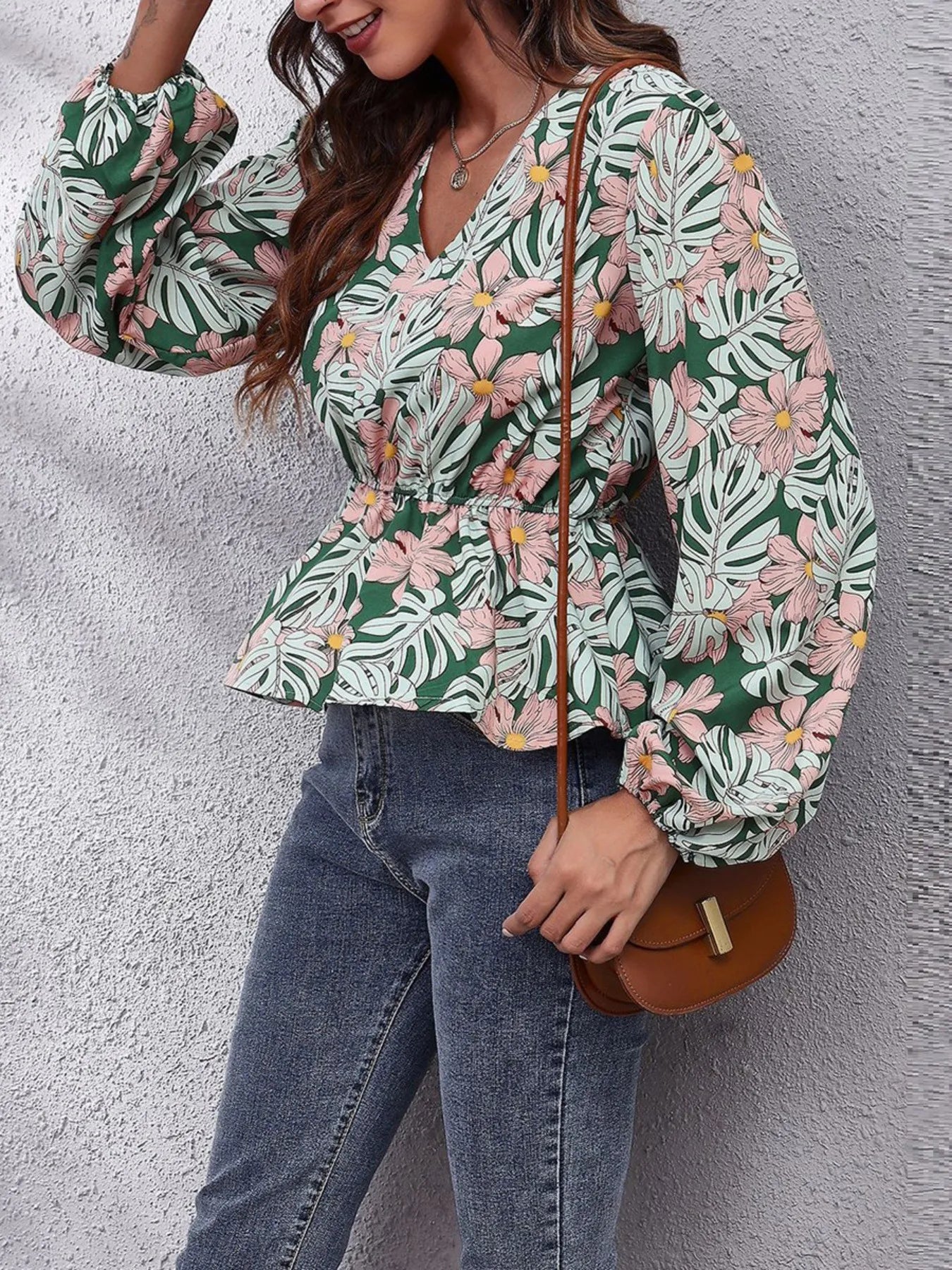 Fashorio Floral V-Neck Balloon Sleeve Blouse