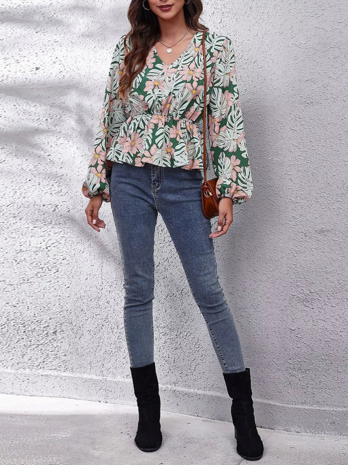 Fashorio Floral V-Neck Balloon Sleeve Blouse
