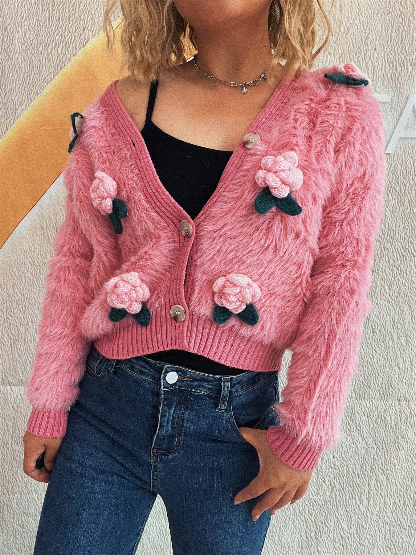 Fashorio Flower Fuzzy Button-Up Cardigan