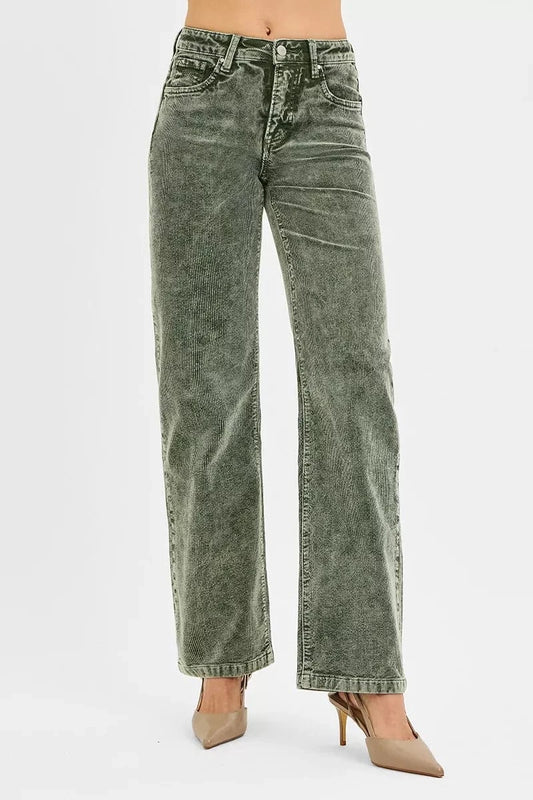 RISEN Tummy Control Mid Rise Straight Leg Corduroy Pants FOREST - Fashorio