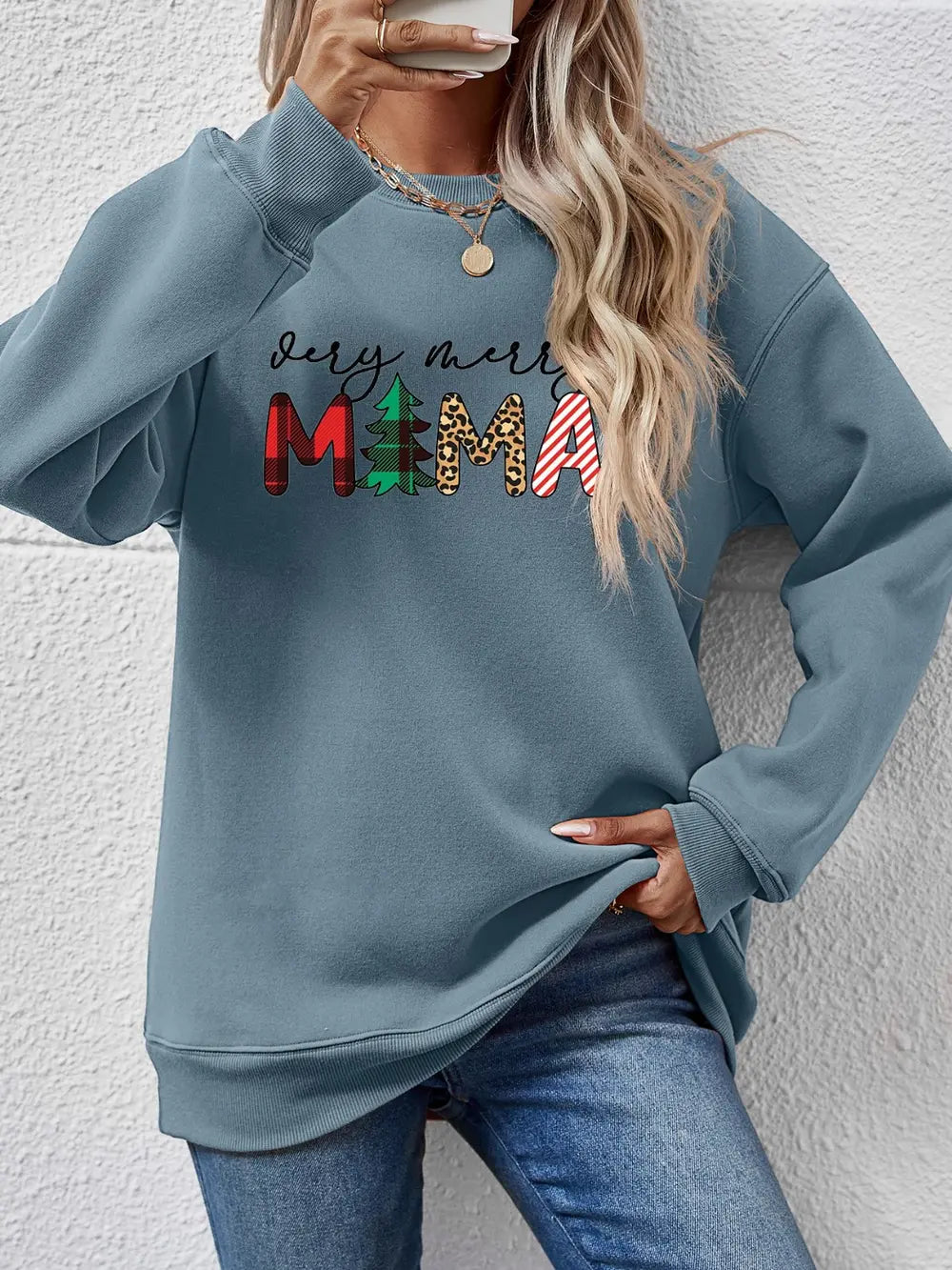 Fashorio French Blue / S Letter Graphic Round Neck Long Sleeve Sweatshirt
