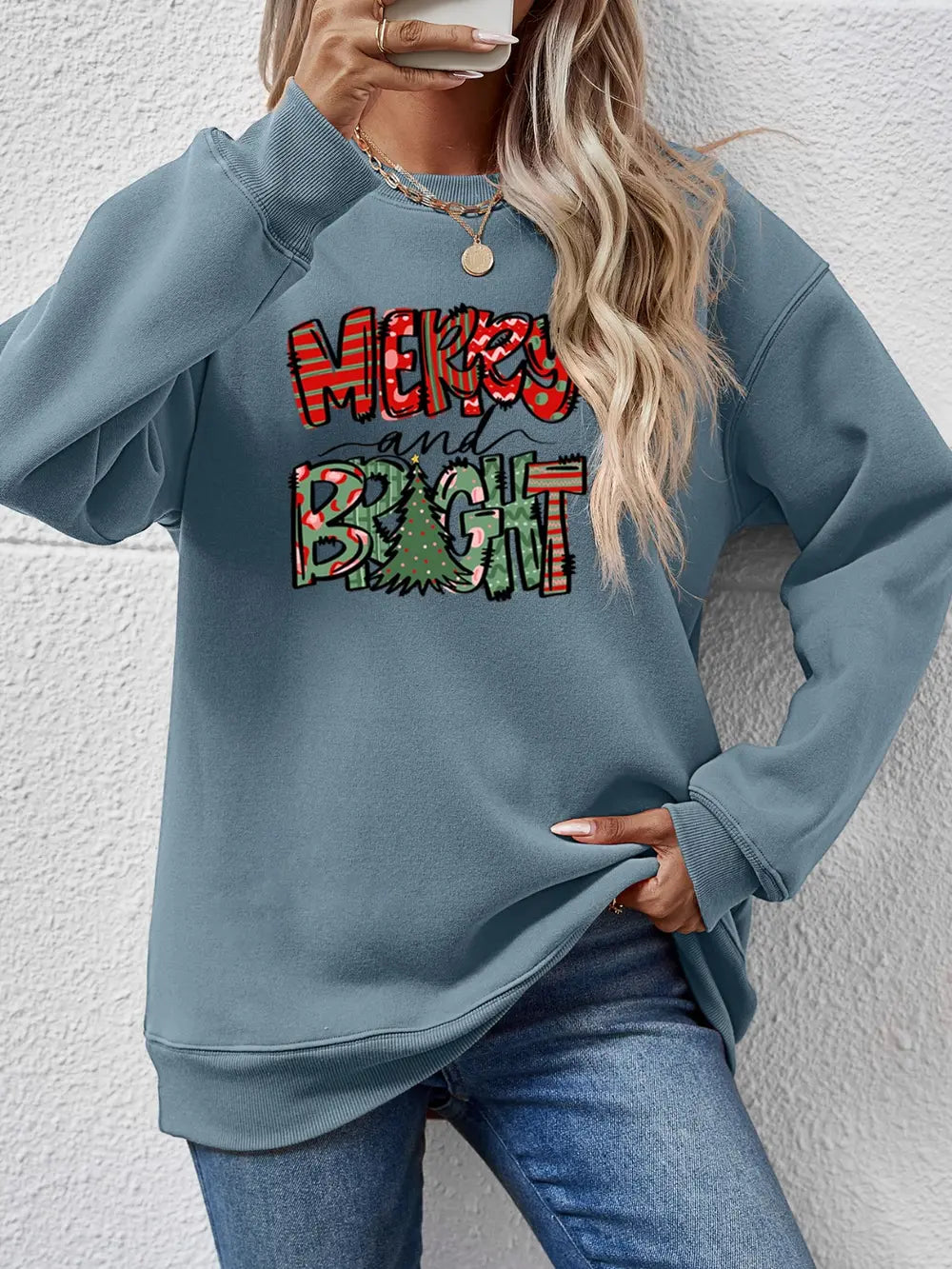 Fashorio French Blue / S MERRY AND BRIGHT Long Sleeve Sweatshirt