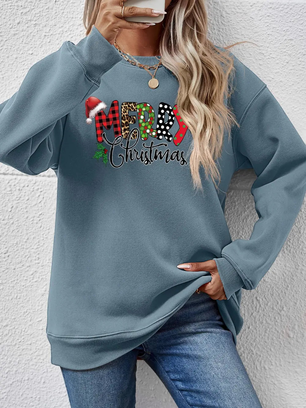 Fashorio French Blue / S MERRY CHRISTMAS Round Neck Dropped Shoulder Sweatshirt