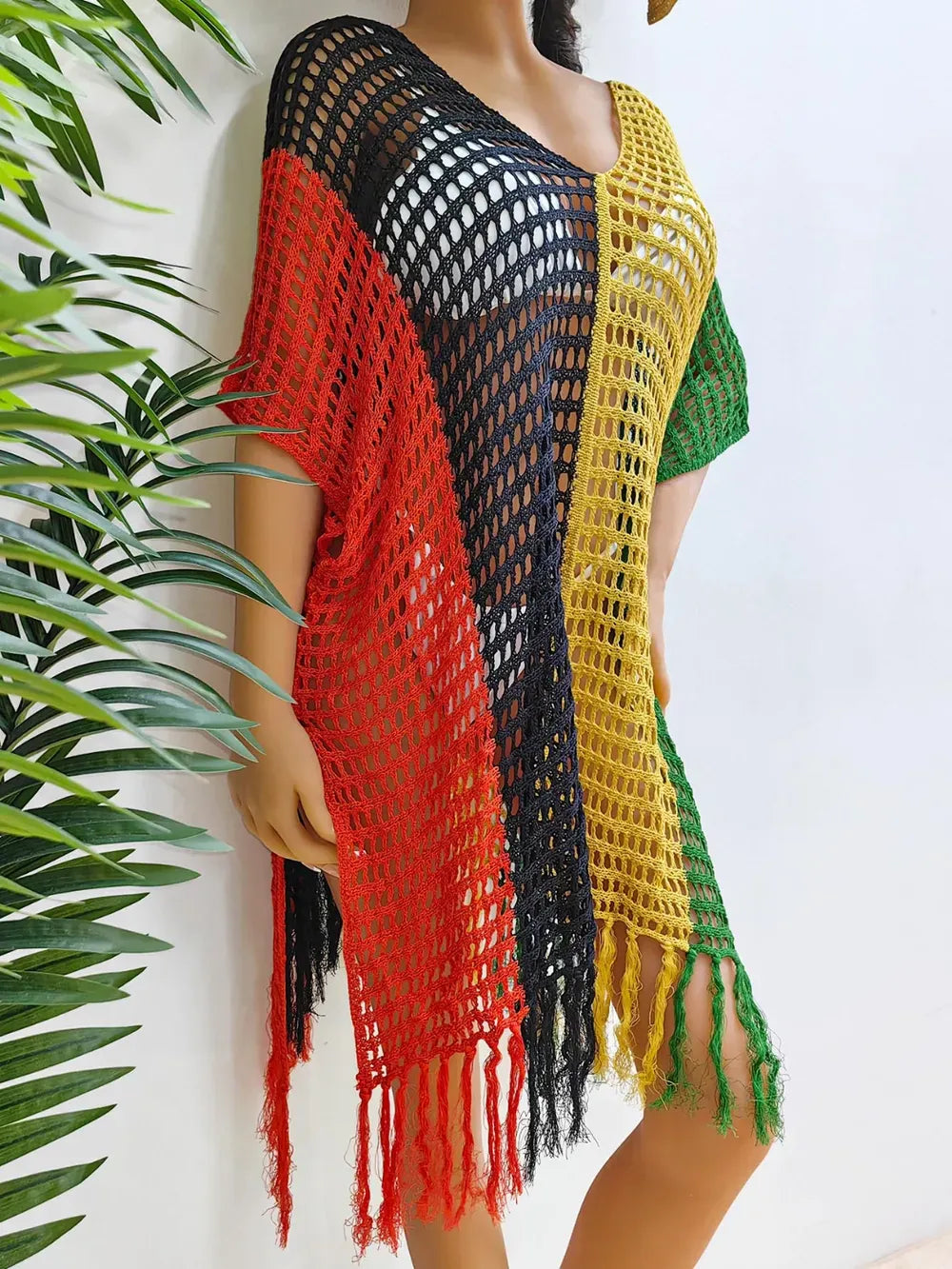 Fashorio Fringe Color Block Scoop Neck Cover Up