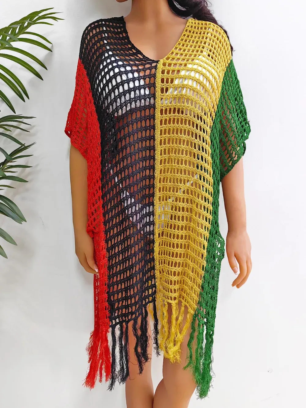 Fashorio Fringe Color Block Scoop Neck Cover Up