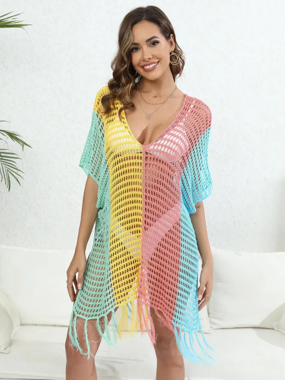Fashorio Fringe Color Block Scoop Neck Cover Up